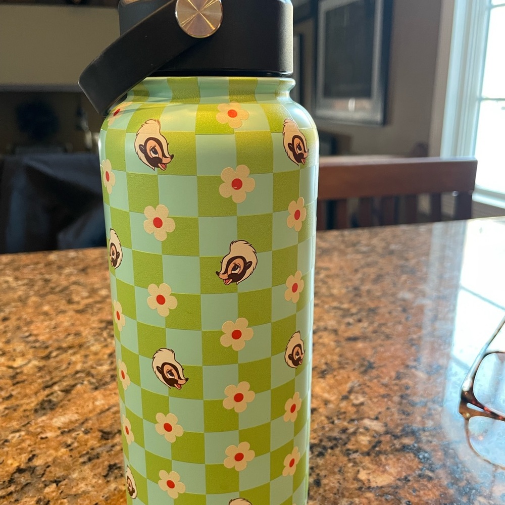 Disney Green Checkered Water Bottle with Floral and Character Design